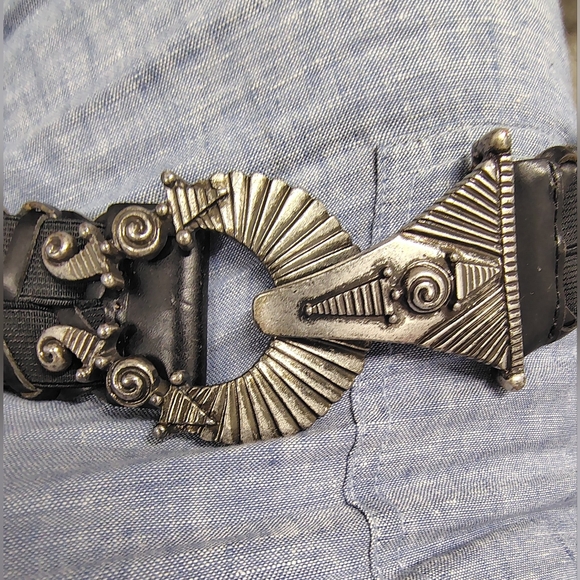 Source Unknown Accessories - Pewter Hook Deco- Goth Stretchy Braided Black Leather Belt